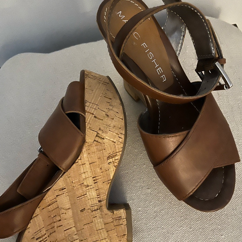 Marc Fisher Brown Leather Wedge Sandals with Ankle Strap